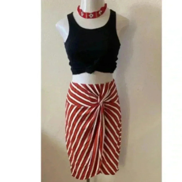 🆕Rust & White Stripe Knot-Front Pencil Skirt L🆕 - Picture 2 of 11